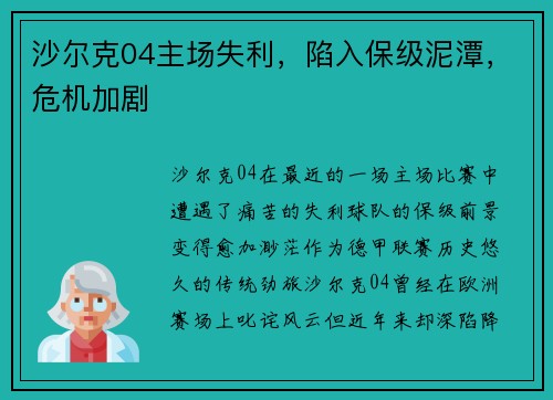 沙尔克04主场失利，陷入保级泥潭，危机加剧